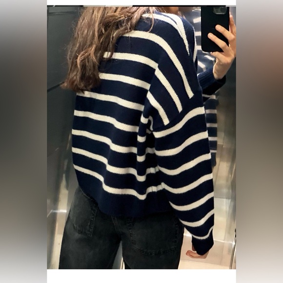 Zara wool Navy and White Striped Women's Sweater - Picture 2 of 8
